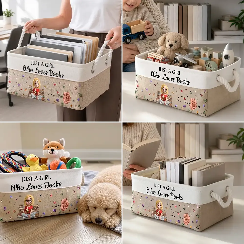 My Books Reading Girl With Birth Month Flower - Personalized Storage Basket - Image 5