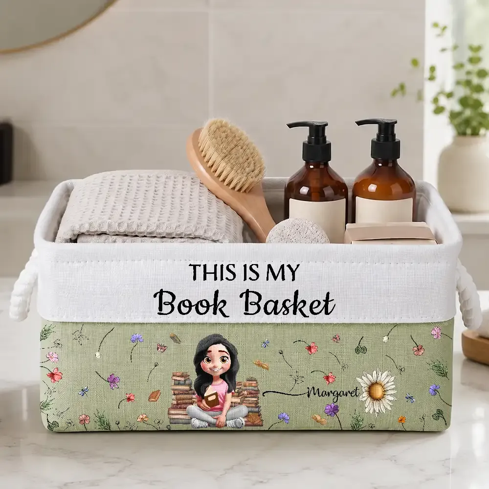 My Books Reading Girl With Birth Month Flower - Personalized Storage Basket - Image 6