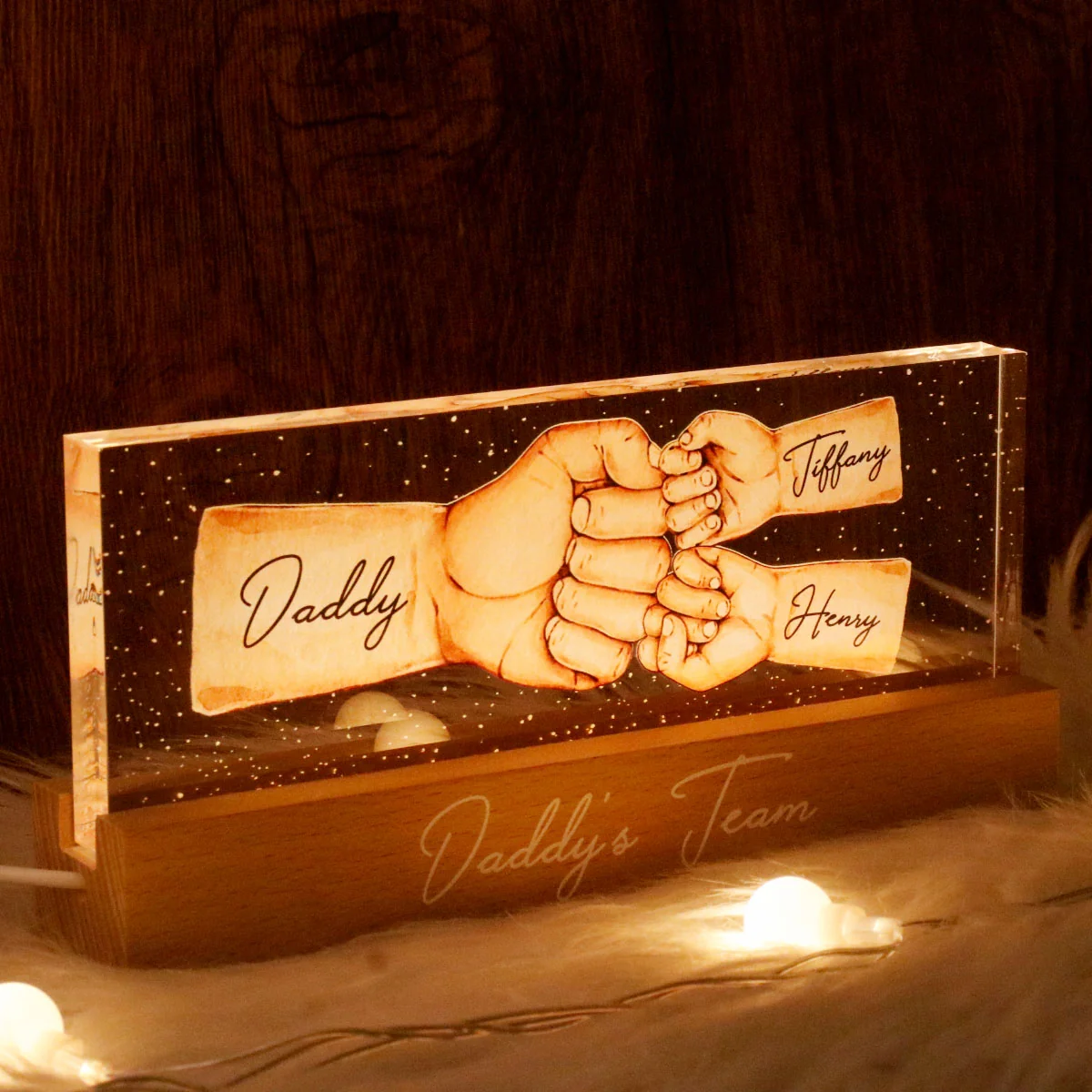 Daddy's Team Fist Bump - Personalized Acrylic Block Plaque LED Night Light - Gift For Dad, Gift For Husband, Gift For Grandpa - Image 6