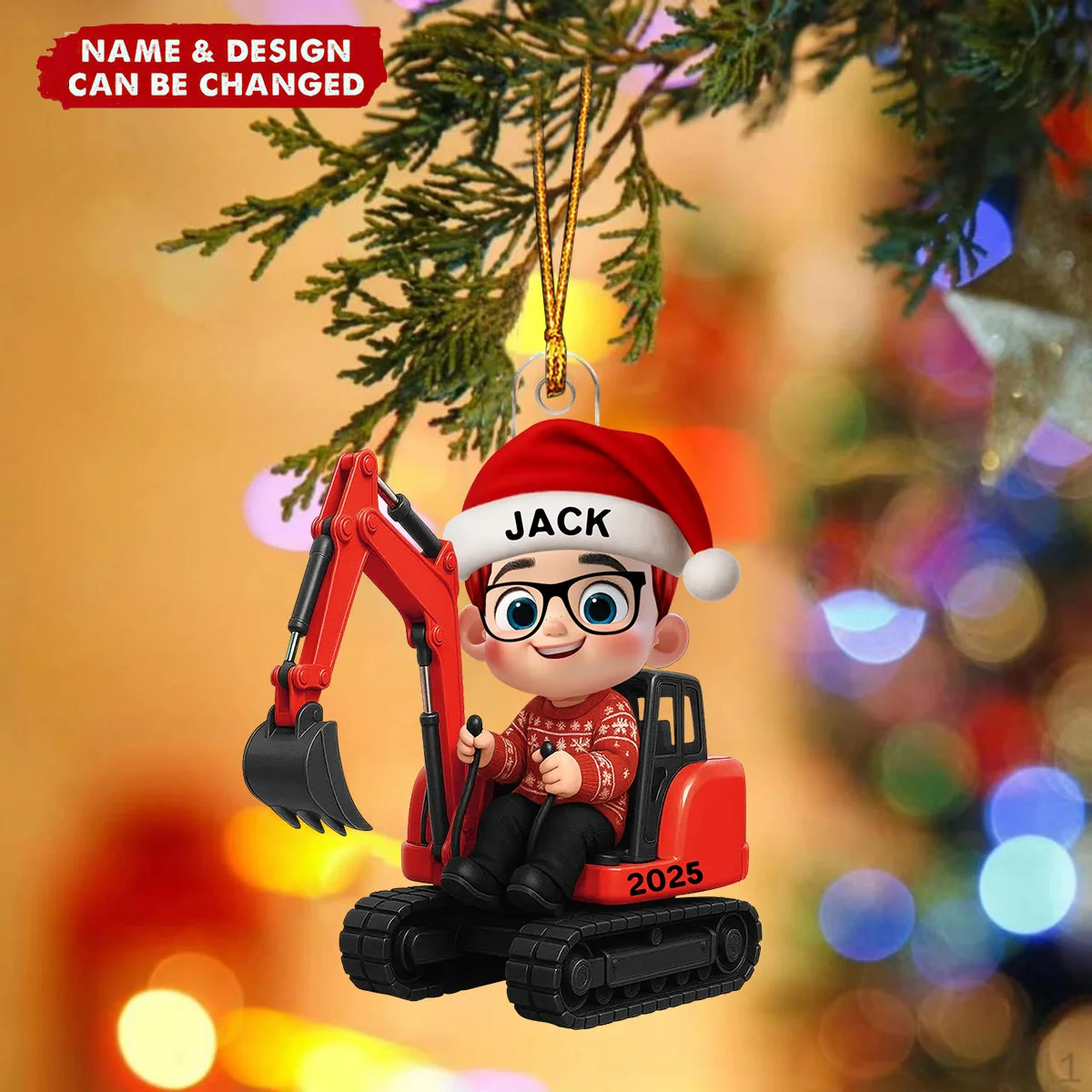 3D Effect Little Boy Kid With Car Excavator Backhoe Tractor Christmas Personalized Acrylic Ornament - Image 2