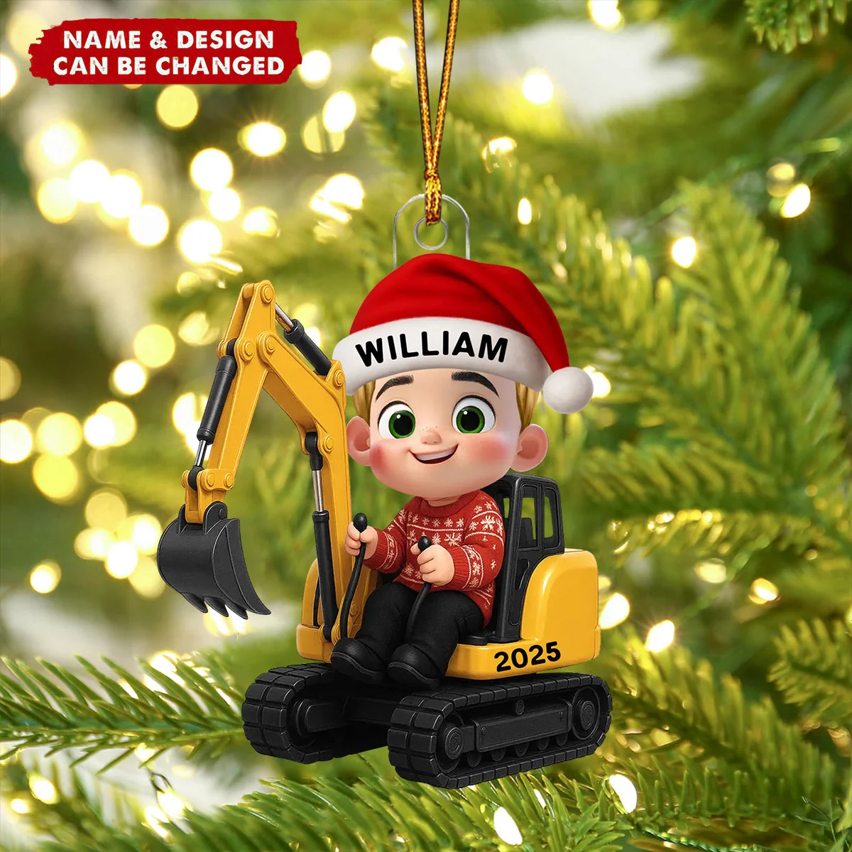 3D Effect Little Boy Kid With Car Excavator Backhoe Tractor Christmas Personalized Acrylic Ornament - Image 3