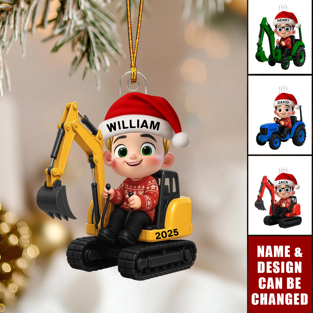 3D Effect Little Boy Kid With Car Excavator Backhoe Tractor Christmas Personalized Acrylic Ornament