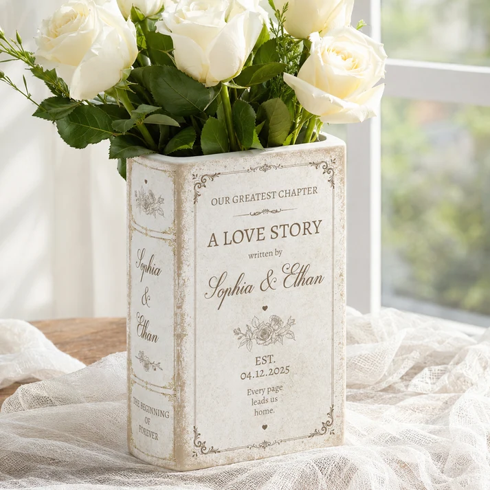 A Love Story Written By - Gifts For Newlywed Couples Ceramic Book - Personalized Vase - Image 2