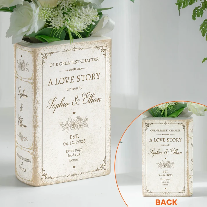 A Love Story Written By - Gifts For Newlywed Couples Ceramic Book - Personalized Vase - Image 3