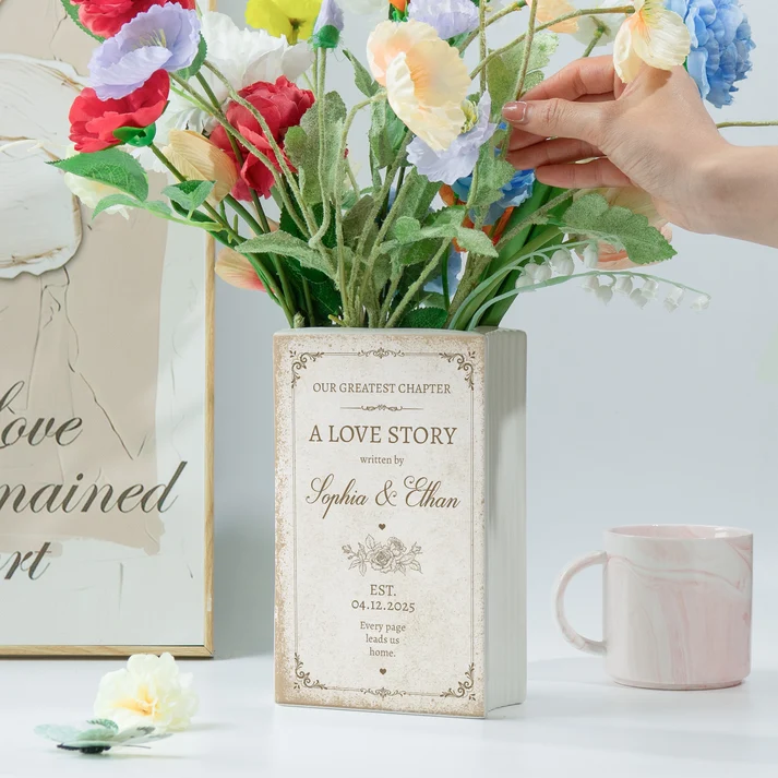 A Love Story Written By - Gifts For Newlywed Couples Ceramic Book - Personalized Vase - Image 4