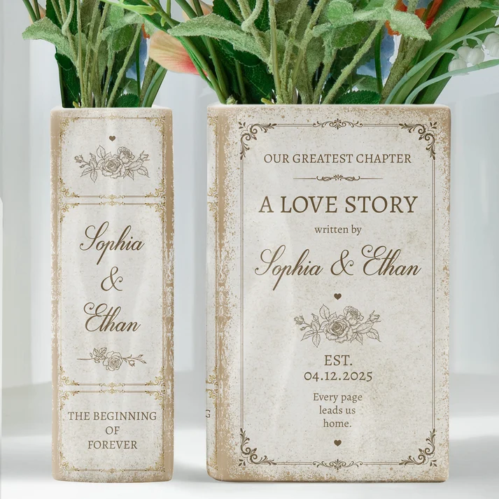 A Love Story Written By - Gifts For Newlywed Couples Ceramic Book - Personalized Vase - Image 5