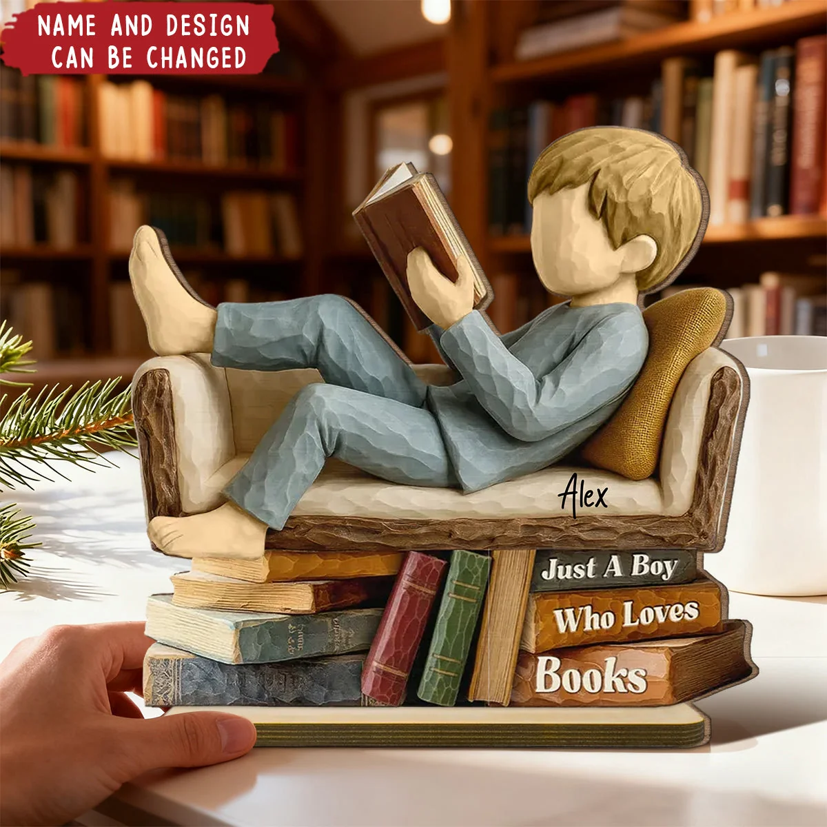 Man Woman Book Lover Reading Book On Sofa - Personalized Standing Wooden Plaque - Image 2