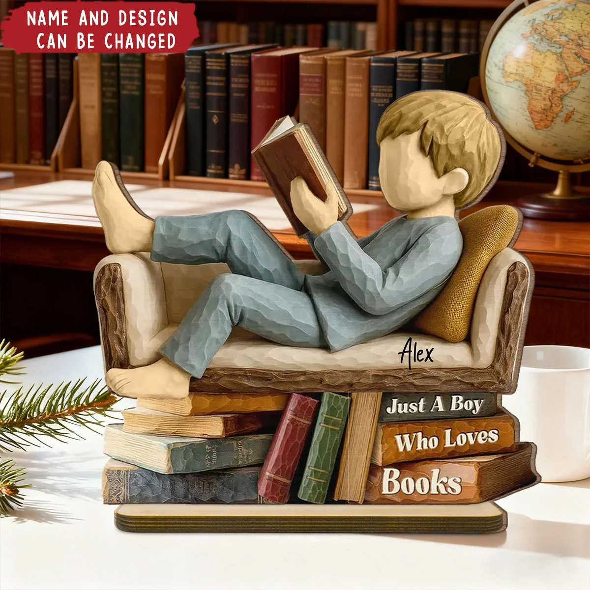 Man Woman Book Lover Reading Book On Sofa - Personalized Standing Wooden Plaque - Image 3