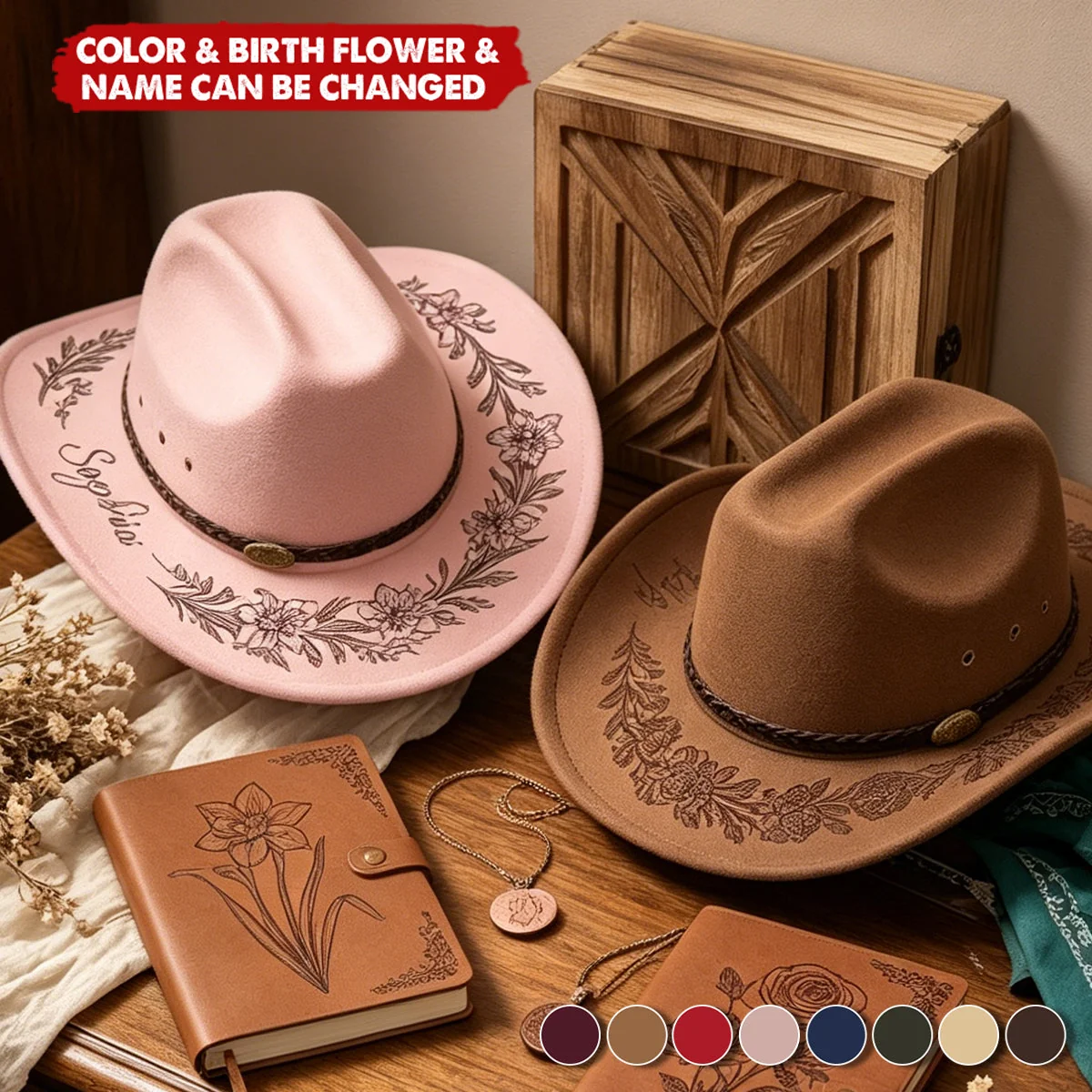 Custom Birth Flower & Name For Her, Cowgirls, Western Style - Personalized Cowboy Hat - Image 2
