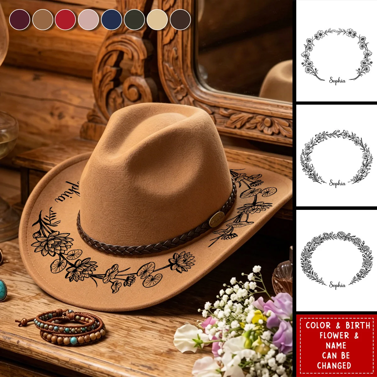 Custom Birth Flower & Name For Her, Cowgirls, Western Style - Personalized Cowboy Hat - Image 3