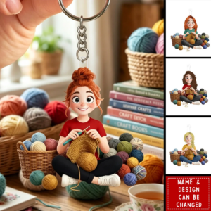 Personalized Acrylic Keychain - Cartoon Crochet Knitting Girl Hobby Keepsake