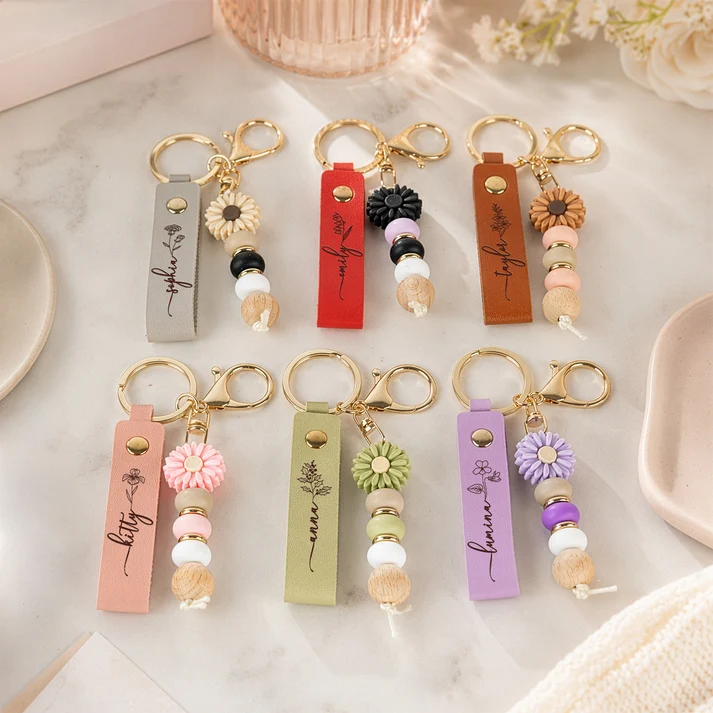 Custom Name & Birth Flower For Her, Sisters, Friends, Teacher, Coworkers - Personalized Beaded Keychain - Image 2