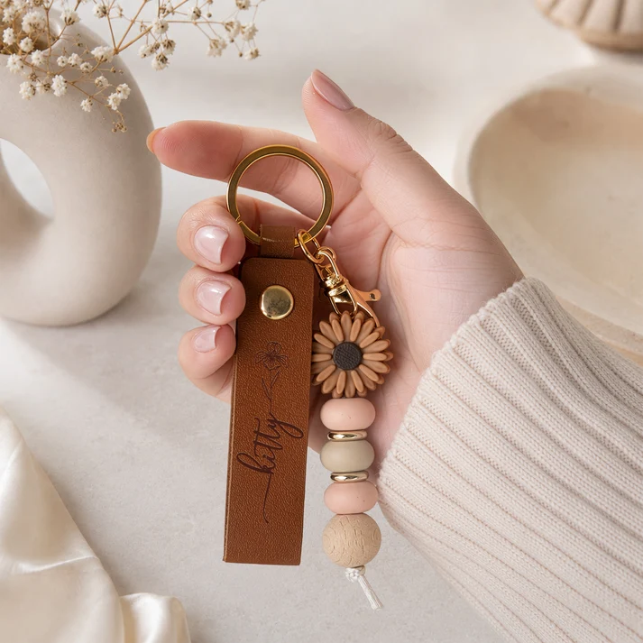 Custom Name & Birth Flower For Her, Sisters, Friends, Teacher, Coworkers - Personalized Beaded Keychain - Image 3