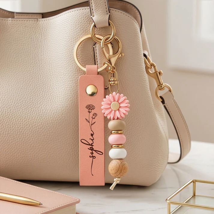 Custom Name & Birth Flower For Her, Sisters, Friends, Teacher, Coworkers - Personalized Beaded Keychain - Image 5