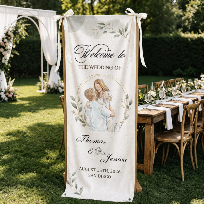 Custom Couple Photo Watercolor Art Wedding Welcome Sign - Personalized Welcome Sign - Image 2