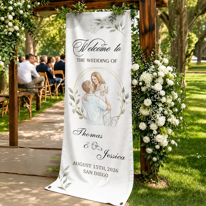 Custom Couple Photo Watercolor Art Wedding Welcome Sign - Personalized Welcome Sign - Image 3