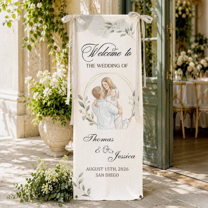 Custom Couple Photo Watercolor Art Wedding Welcome Sign - Personalized Welcome Sign - Image 4