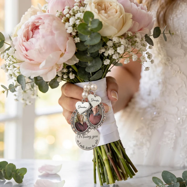 Custom Photo Bouquet Charm With Heart Pendant Memorial Wedding Gift For Bride - Personalized Bouquet Charm - Image 5