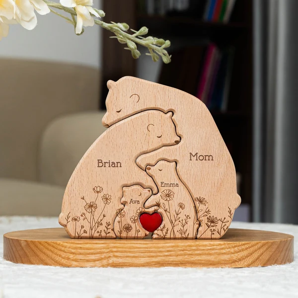 Hugging Bear Family Floral Version - Personalized Wooden Bear Family Puzzle - Gift For Mom