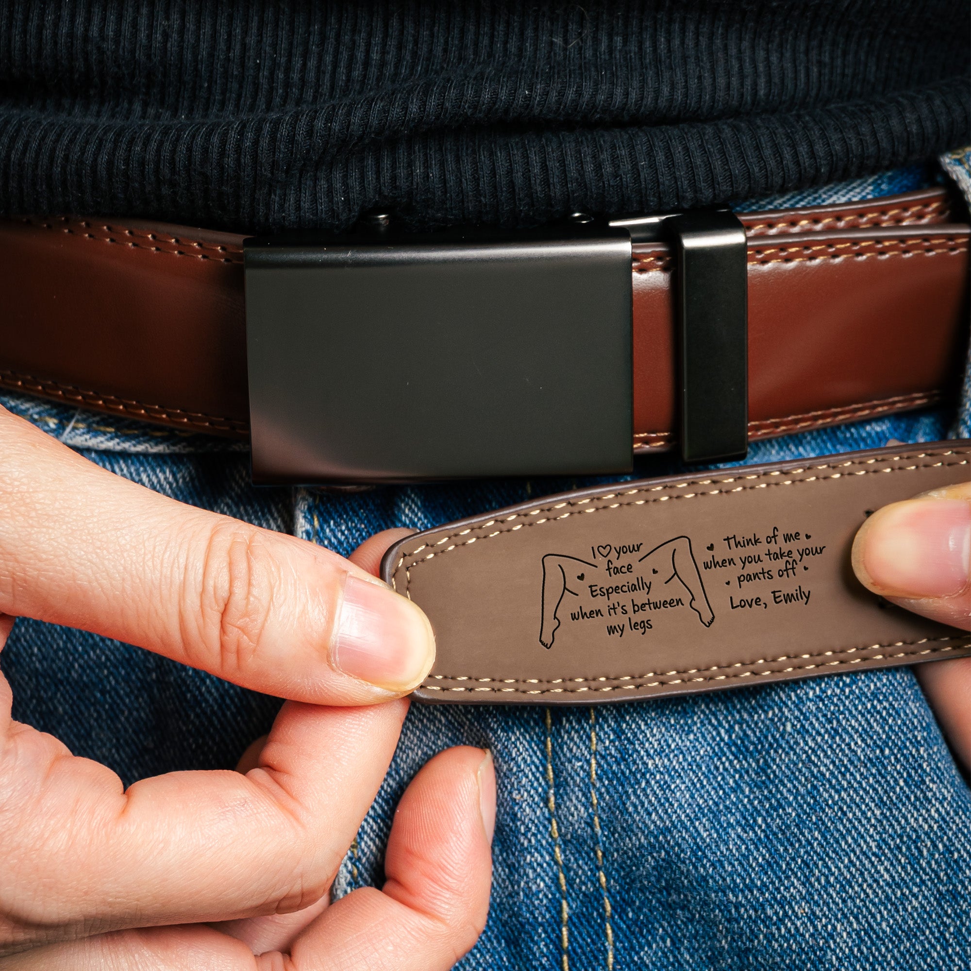 I Love Your Face Especially When It's Between My Legs - Naughty Gift For Him - Personalized Leather Belt With Engraved Buckle - Image 3