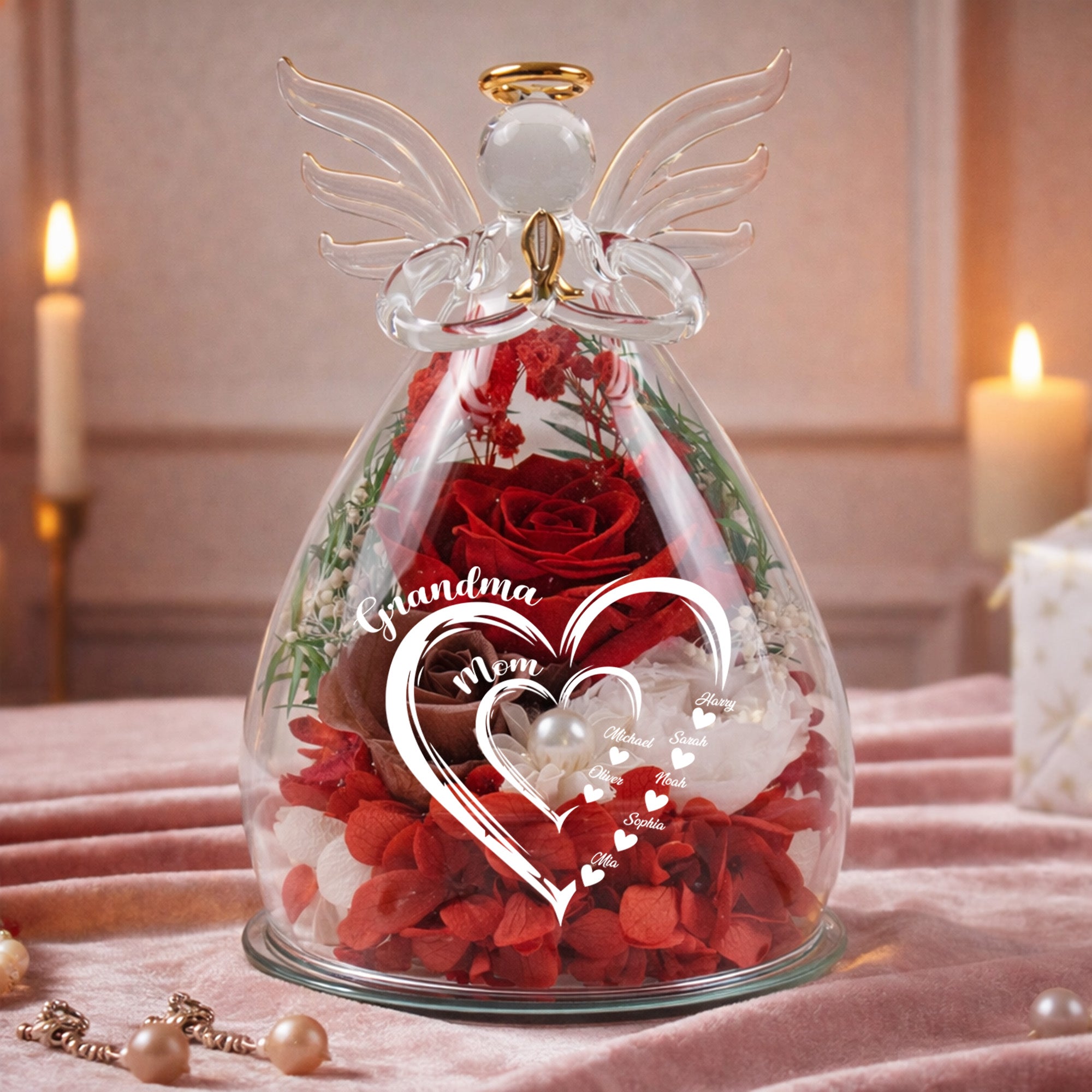 Mom Grandma Hearts Custom Kids' Names - Personalized Flower In Glass Angel Figurines - Image 2