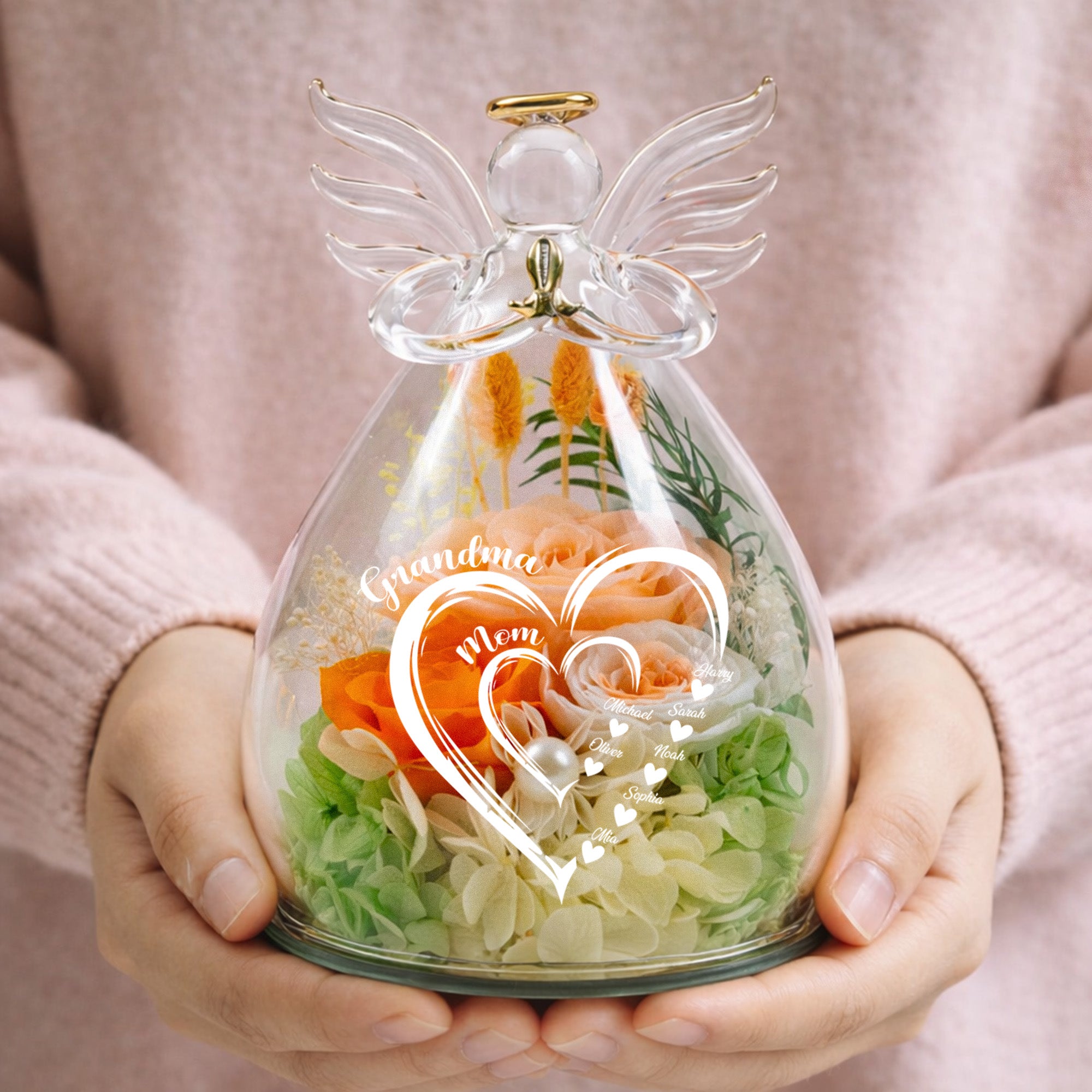 Mom Grandma Hearts Custom Kids' Names - Personalized Flower In Glass Angel Figurines - Image 6