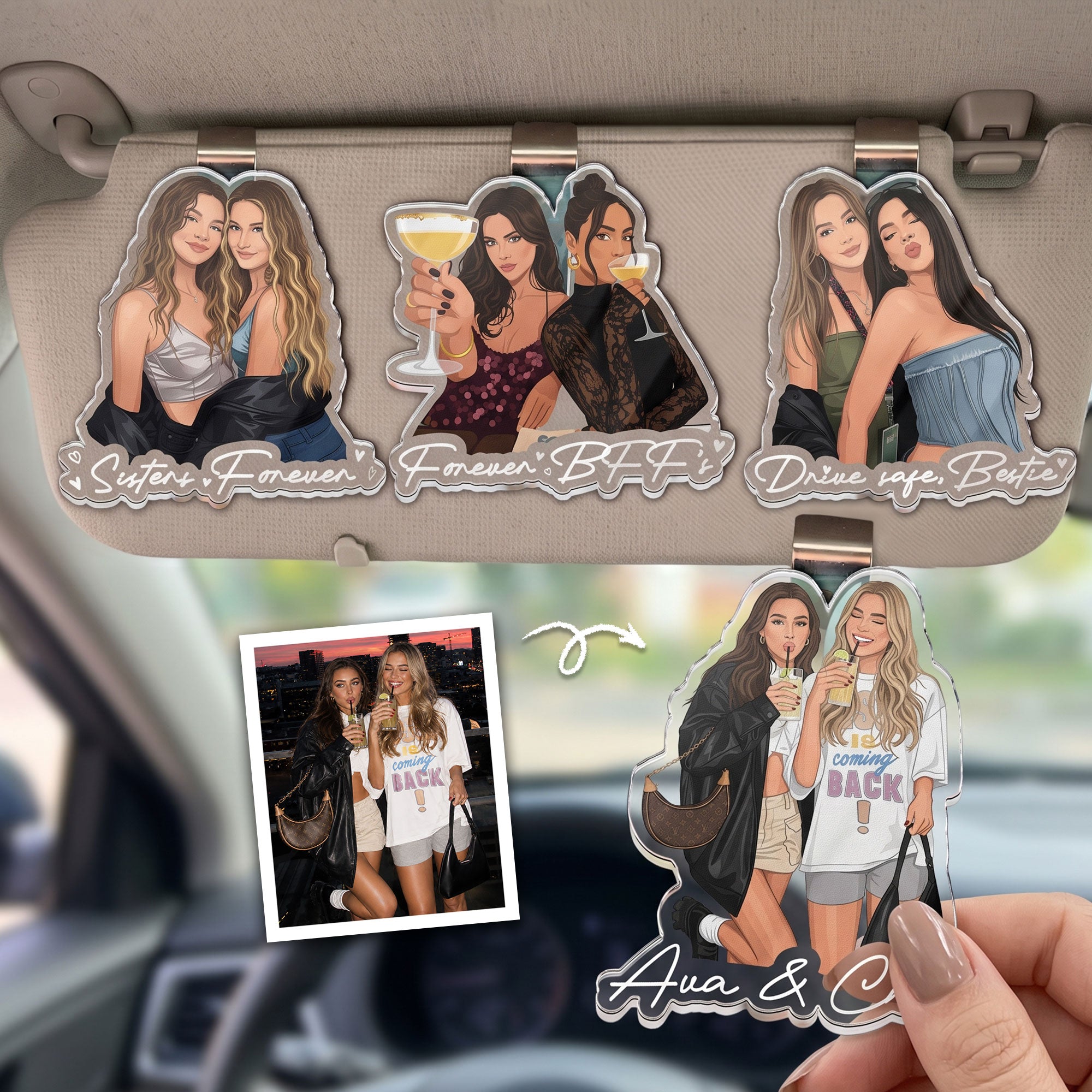 Turn Your Photo Into Art - Besties Forever, Friendship Thank You Gift - Personalized Car Visor Clip