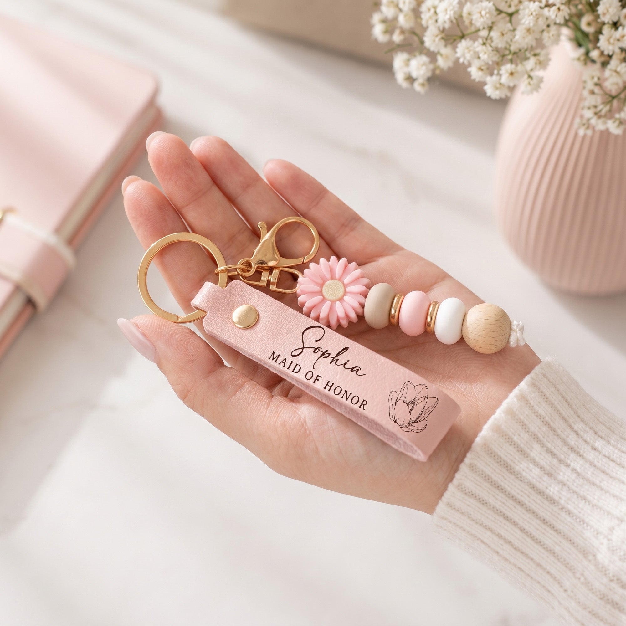 Bridesmaid Gift Custom Name & Birth Flower Wedding Gifts For Bridesmaid, BFF - Personalized Keychain - Image 3