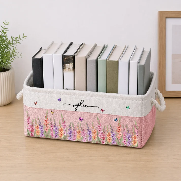 Custom Birth Flower & Name For Her, Wife, Daughter, Sister, Coworker - Personalized Storage Basket