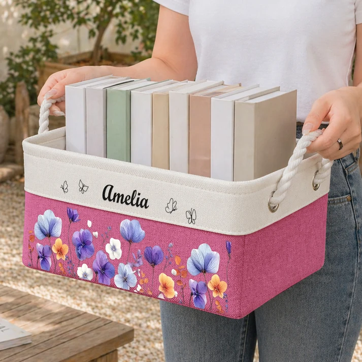 Custom Birth Flower & Name - Personalized Storage Basket - Image 2