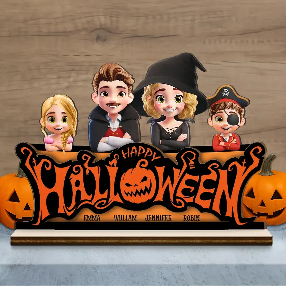 Happy Halloween Family Costume - Personalized Custom Shaped 2-Layered Wooden Plaque