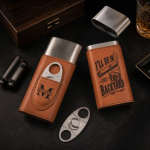 I’ll Be In The Backyard - Gift For Him, Travel Leather Case With Cutter - Personalized Cigar Case