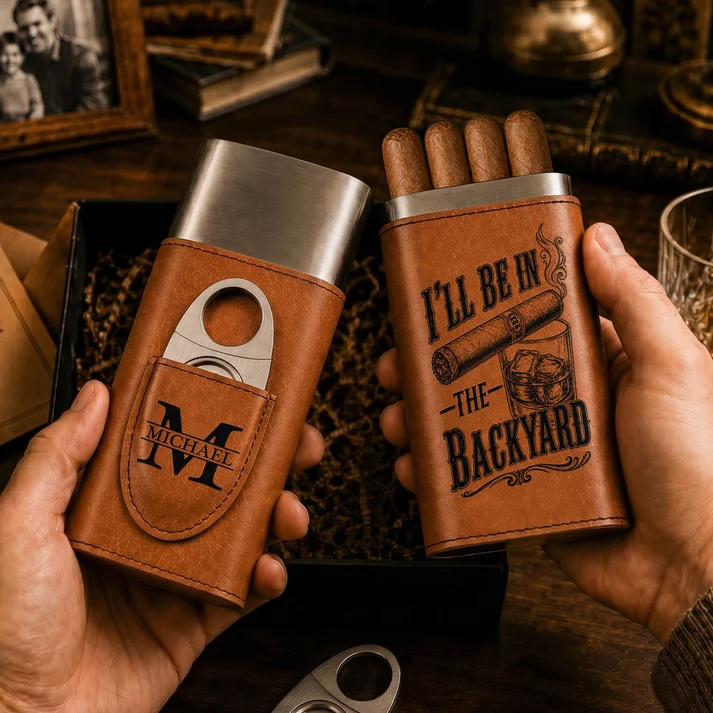 I’ll Be In The Backyard - Gift For Him, Travel Leather Case With Cutter - Personalized Cigar Case - Image 4