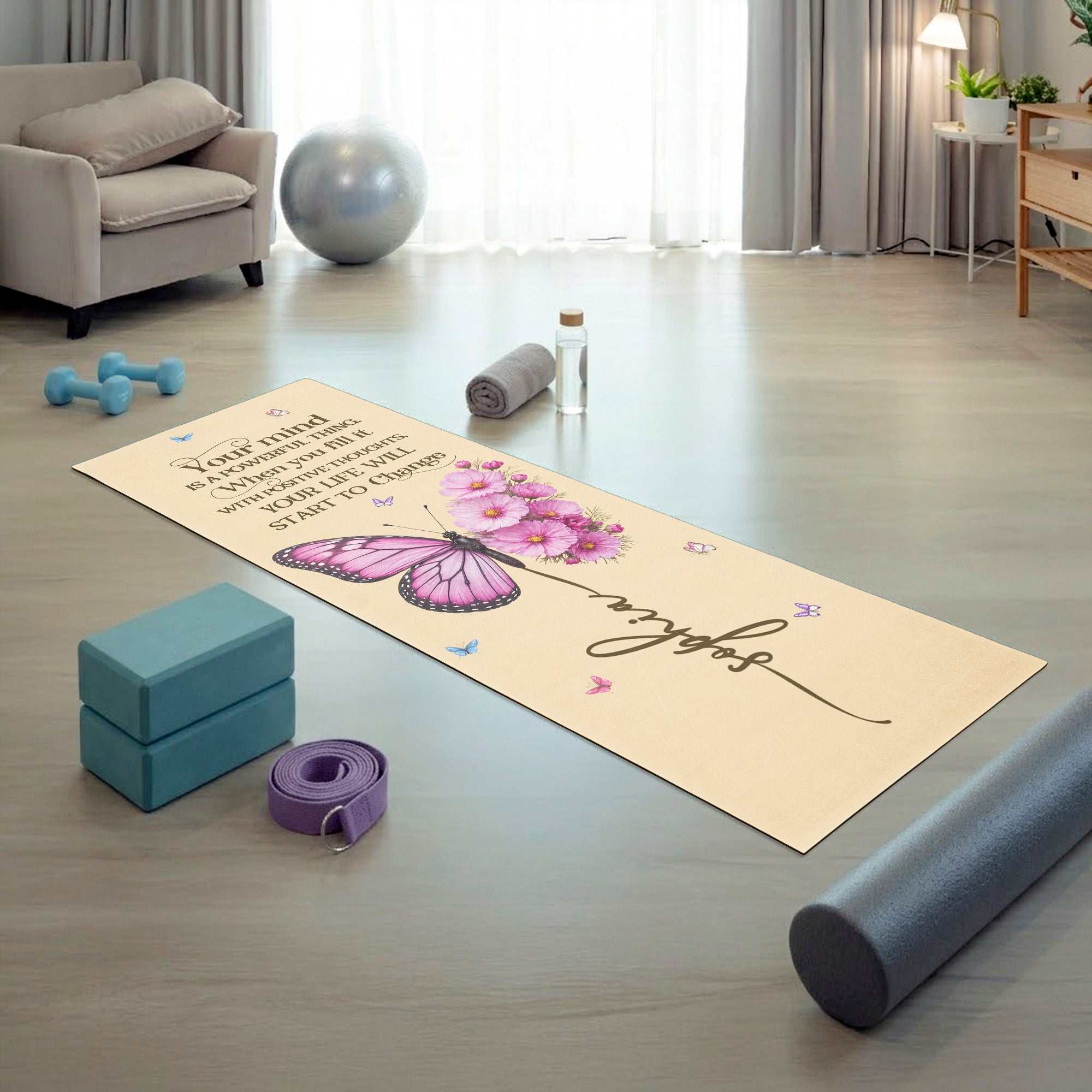 Your Mind Is A Powerful Thing Butterfly Birth Month Flower - Personalized Yoga Mat - Image 4